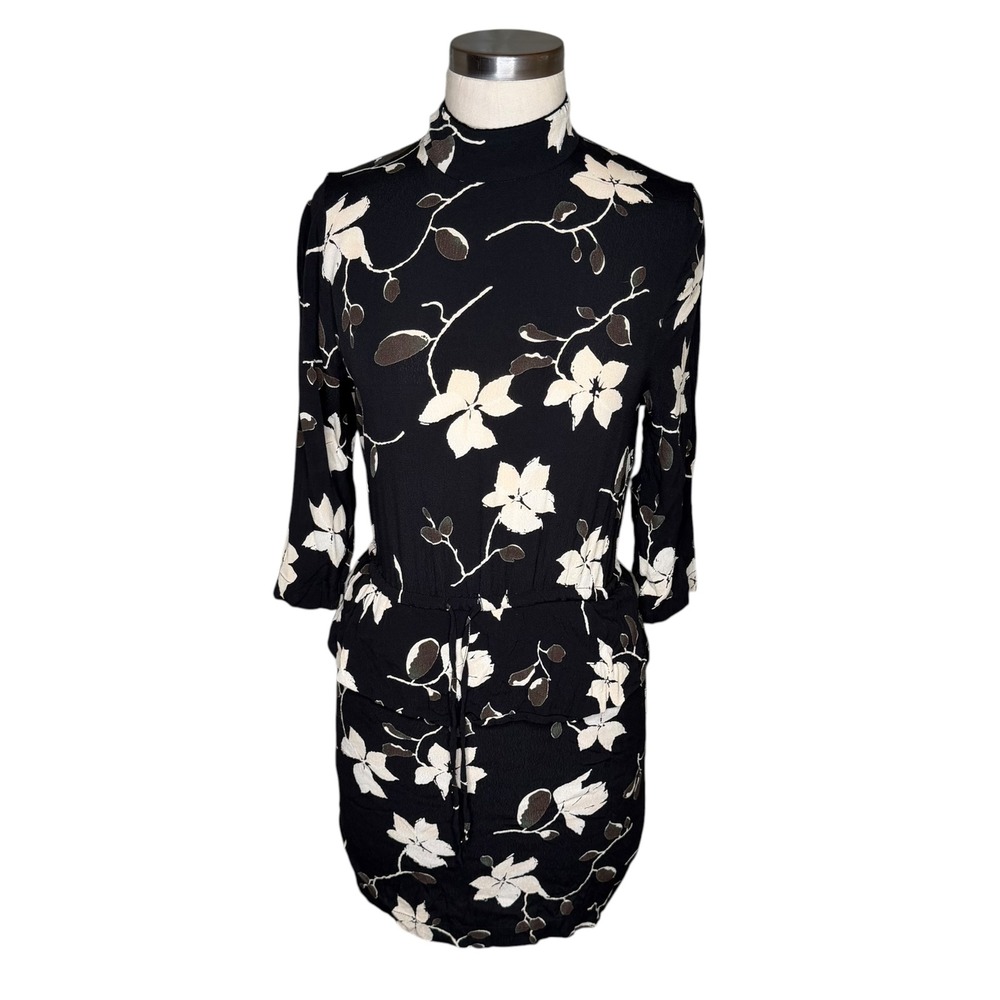 GANNI Rosemont Crepe Dress Black Floral Mock Neck Women's 36 Size 4 Neutral